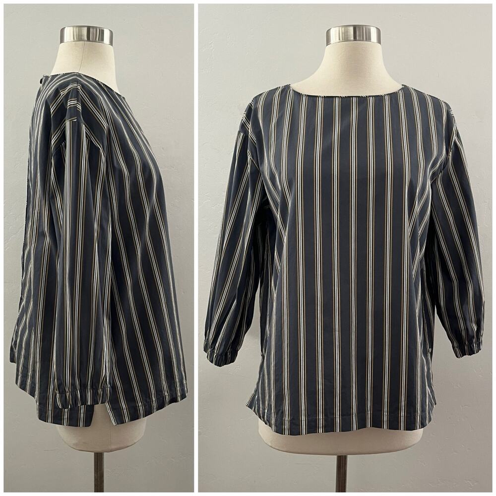 Lafayette 148 Blouse Small Gray Cotton Striped Office Minimalist Modest Luxury